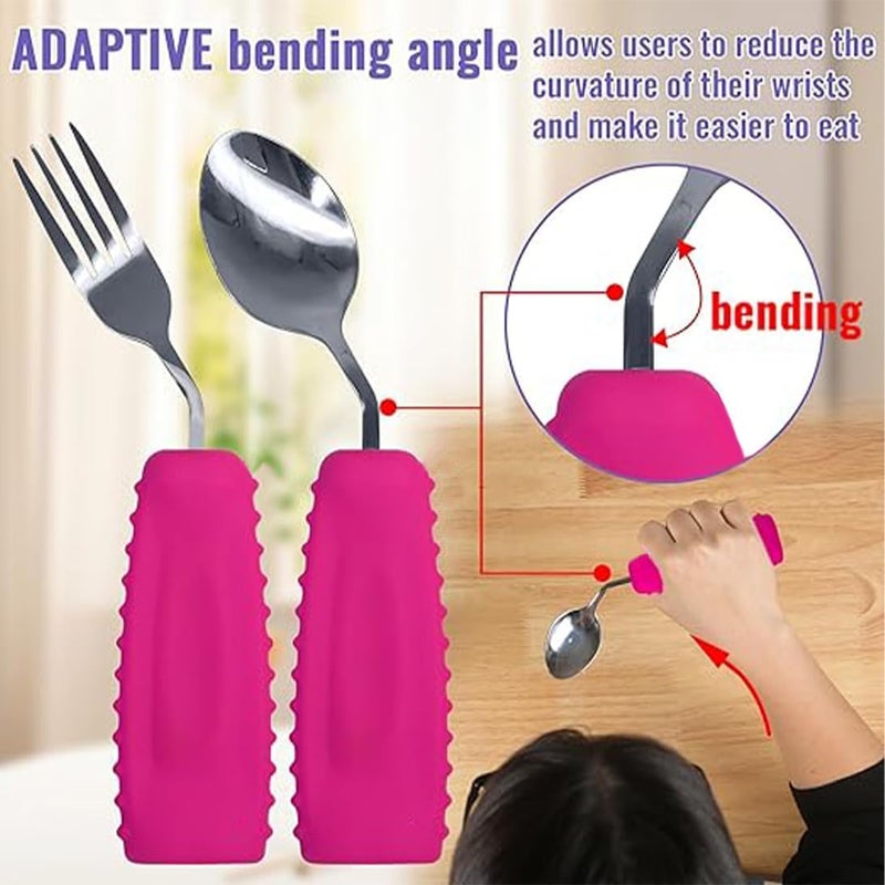 Ehucon Adaptive Utensils,Weighted Angled Silverware,Parkinsons Aids,Curved Non-Slip Easy Grip Spoon and Fork Set for Tremors,Disabled,Handicap,Elderly,Arthritis (Right Hand,Pack of 2,Rose Pink) - Image 2